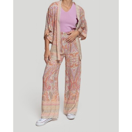 Flowing pants and Kimono with soft finishes. Soft finish fabric. Printed design.