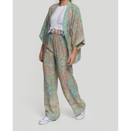 Flowing pants and Kimono with soft finishes. Soft finish fabric. Printed design.
